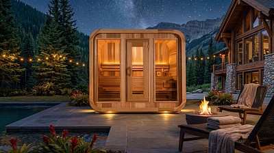 outdoor prefab luna sauna led night lifestyle