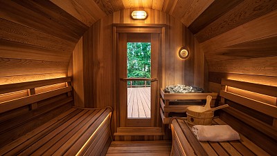 outdoor prefab barrel sauna panoramic view