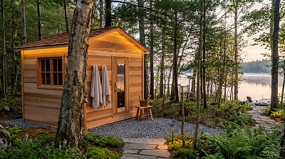 outdoor sauna 5x8 log cabin installed
